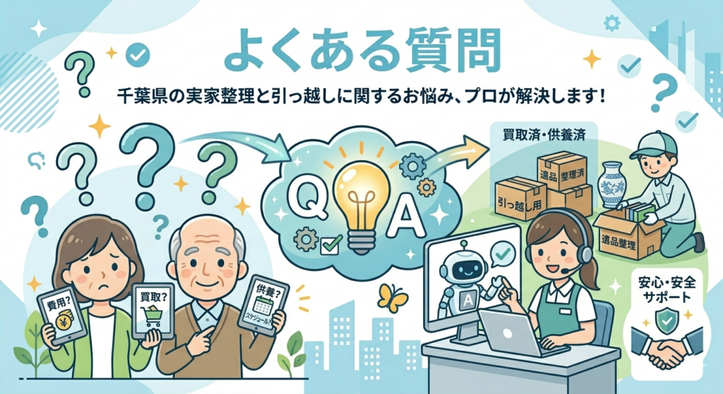 千葉県の実家整理と引っ越しに関するよくある質問（Q&A）。不安を抱える女性がメモリアル整理ラボのプロに相談し、疑問を解決して笑顔になるイメージイラスト。