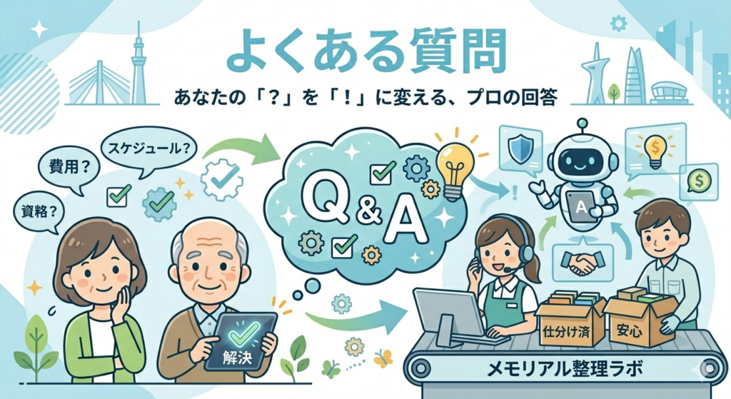 よくある質問（FAQ）をテーマにしたイラスト。中央に「Q&A」の文字があり、遺品整理に関する費用・スケジュール・資格などの疑問を相談する男女と、高齢男性、オペレーター、作業スタッフ、ロボットキャラクターが描かれている。背景にはチェックマークや電球、握手アイコンがあり、「メモリアル整理ラボ」が安心して相談できる遺品整理サービスであることを表現している。