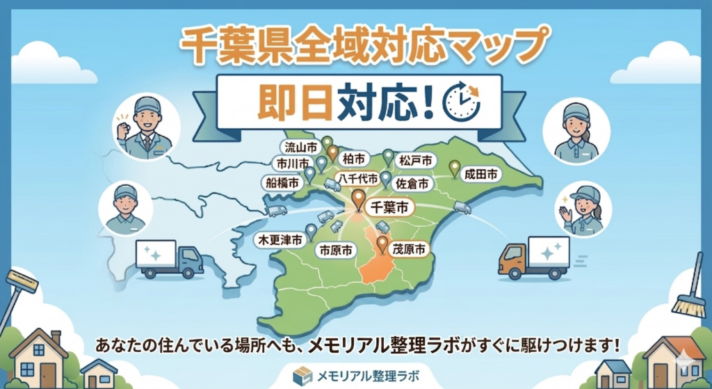 千葉県全域対応マップ。千葉市、船橋市、松戸市、市川市、柏市、市原市、八千代市、佐倉市、成田市、流山市、茂原市、木更津市などの主要都市を中心に即日対応可能であることを示すイラスト地図。下部に「あなたの住んでいる場所へも、メモリアル整理ラボがすぐ駆けつけます！」のテキスト。