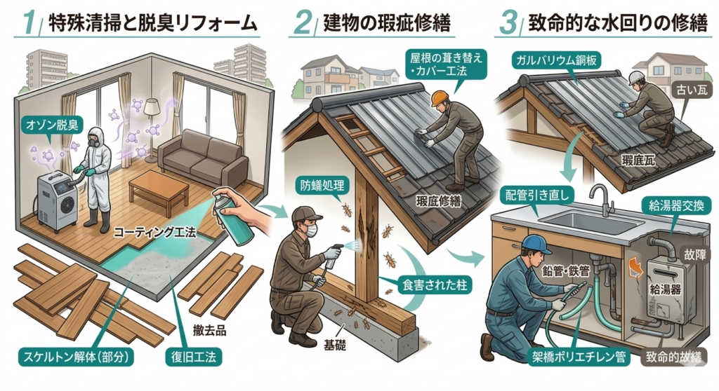 遺品整理後に必要な致命的瑕疵のリフォーム工法図解（特殊清掃オゾン脱臭、シロアリ防蟻処理、配管引き直し