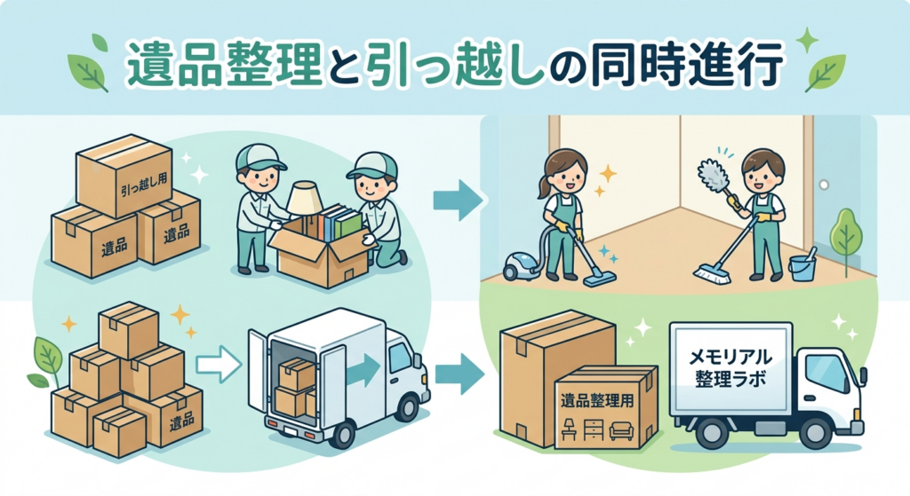 千葉県での遺品整理と引っ越しを同時に進める作業イメージ。荷物の仕分け、ハウスクリーニング、メモリアル整理ラボのトラックによる搬出の様子。 