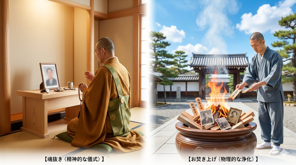遺品整理における「魂抜き」と「お焚き上げ」の違いを比較した概念図。左は僧侶による精神的な供養（魂抜き）、右は炎による物理的な浄化（お焚き上げ）を、温かみのある写真で表現しています。