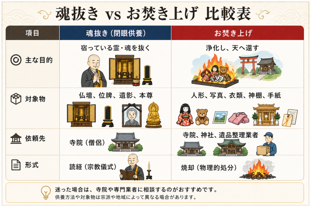 遺品整理における「魂抜き（閉眼供養）」と「お焚き上げ」の目的・対象物・依頼先・形式の違いを比較したイラスト表。