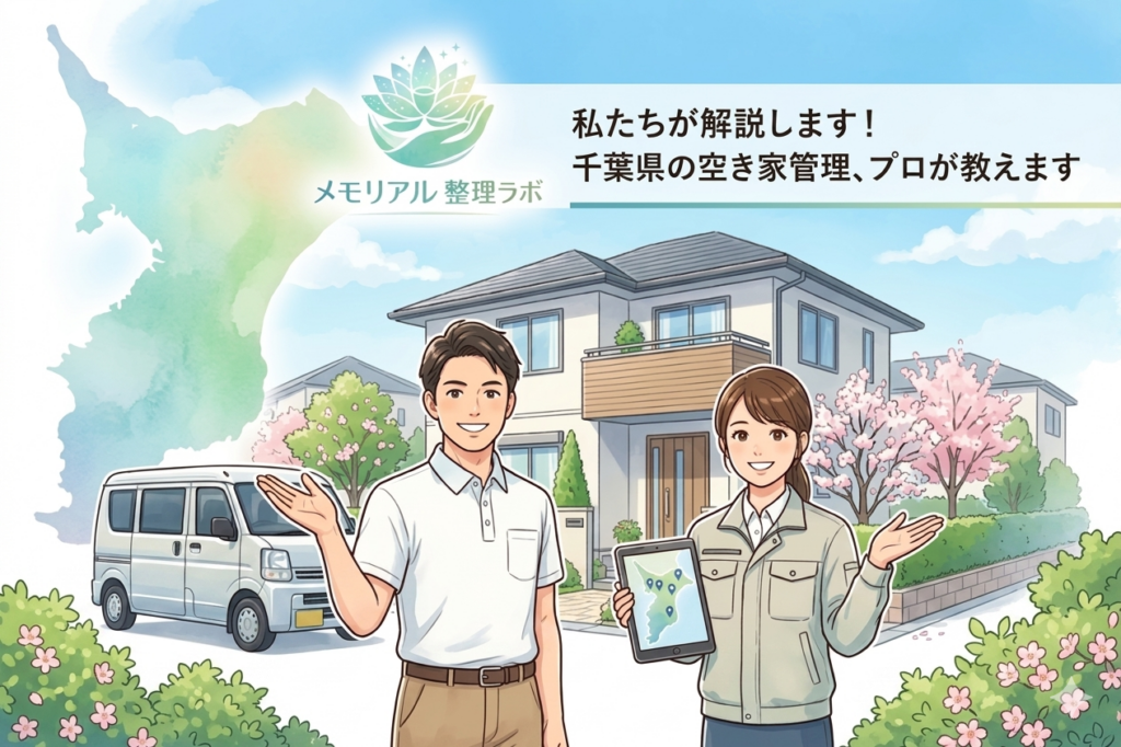 千葉県の空き家管理サービスを解説するメモリアル整理ラボのスタッフと一戸建て住宅のイラストイメージ