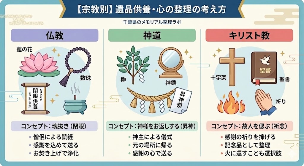 仏教、神道、キリスト教の遺品供養の違いをまとめたフラットデザインの比較図。仏教は蓮の花と数珠、神道は榊と神鏡、キリスト教は十字架と聖書が描かれ、それぞれの宗教における供養の概念（閉眼、昇神、祈念）が日本語のテキストと箇条書きで解説されています。上部には「【宗教別】遺品供養・心の整理の考え方」というタイトルがあります。