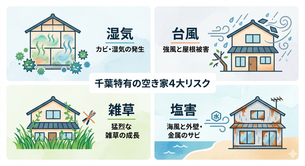 千葉県特有の空き家4大リスク（湿気、台風、雑草、塩害）が建物に与える影響をわかりやすく解説した4分割の図解イラスト