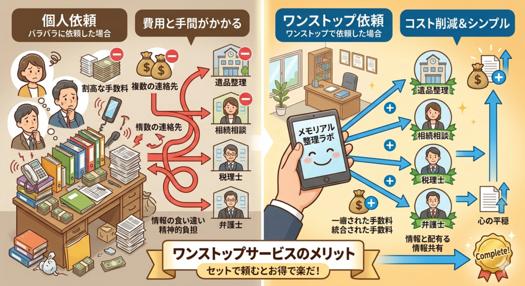 千葉県での遺品整理におけるワンストップサービスのメリット比較図。バラバラに依頼した場合の手間や費用の二重払いリスクと、メモリアル整理ラボに一括依頼した場合のコスト削減・窓口一本化・心理的負担軽減の差を解説。