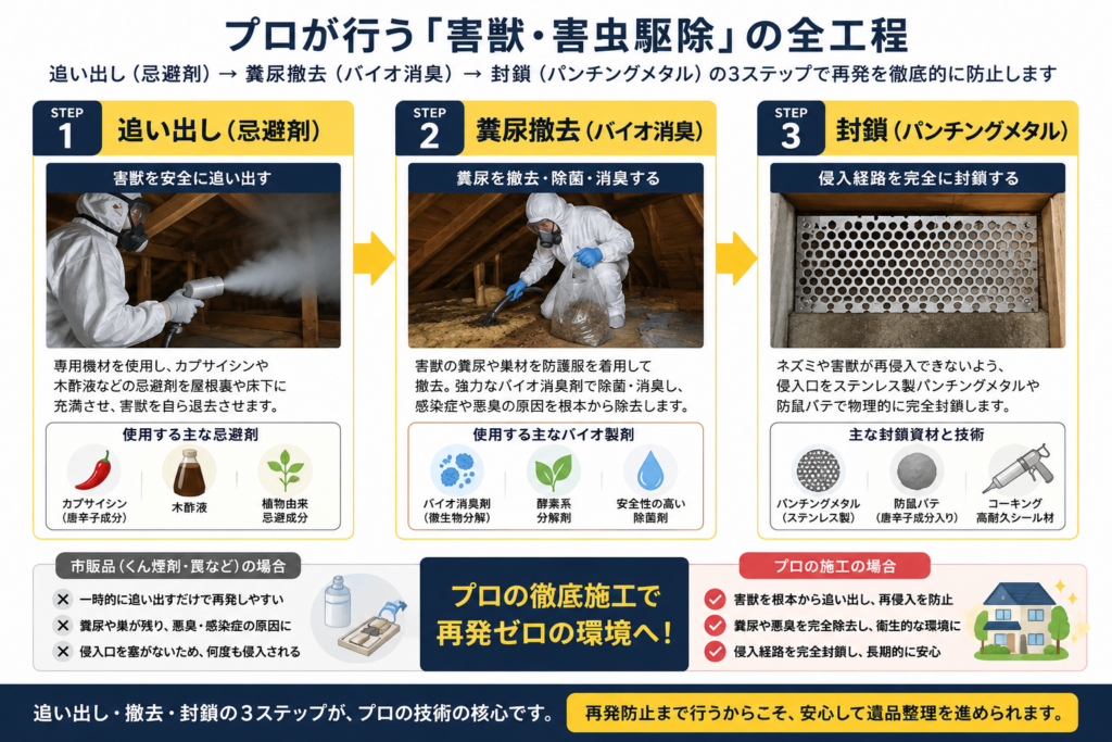 千葉県の遺品整理現場で行う害獣・害虫駆除の流れ｜追い出し・糞尿撤去・侵入口封鎖までのプロ施工工程
千葉県の遺品整理で行うネズミ・ゴキブリ・ハクビシン対策｜忌避剤・バイオ消臭・パンチングメタル封鎖の施工フロー
遺品整理現場では「追い出し→糞尿撤去→侵入口封鎖」まで行うことで、害獣・害虫の再発防止につながります。
