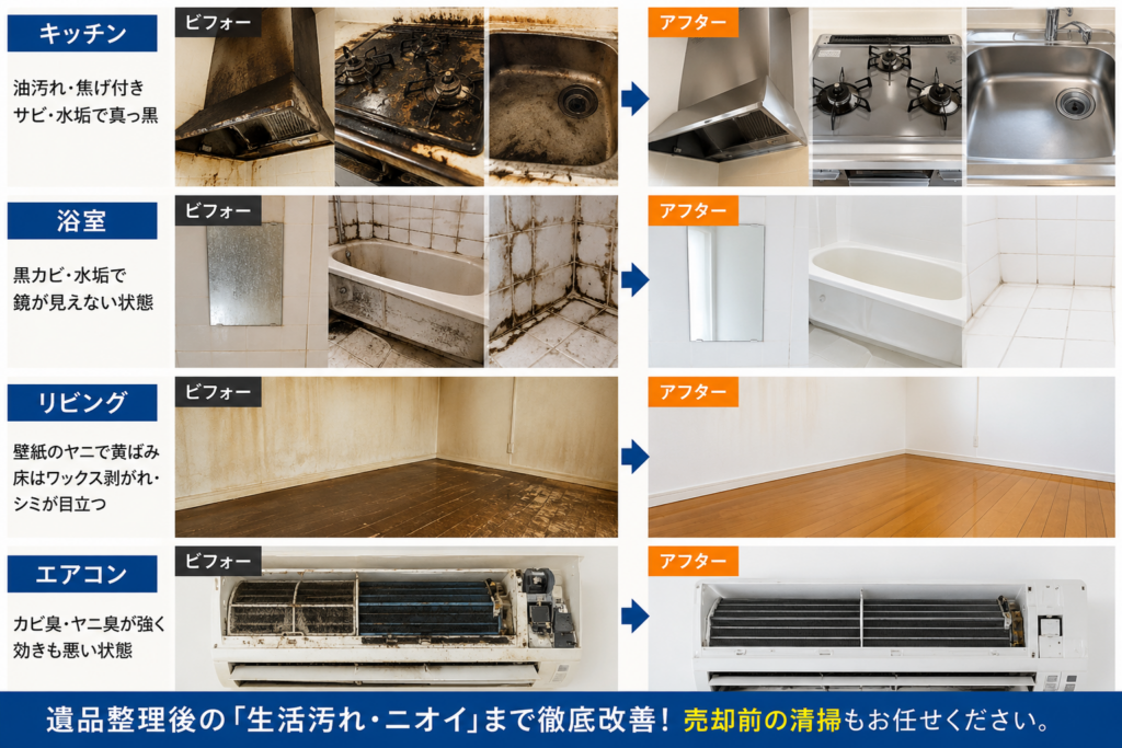 千葉県の遺品整理後に行ったハウスクリーニング事例。キッチン・浴室・リビング・エアコンのビフォーアフター比較。油汚れ、黒カビ、ヤニ汚れ、ニオイを徹底清掃し、売却前の空き家を明るく清潔な状態へ改善した施工例。 