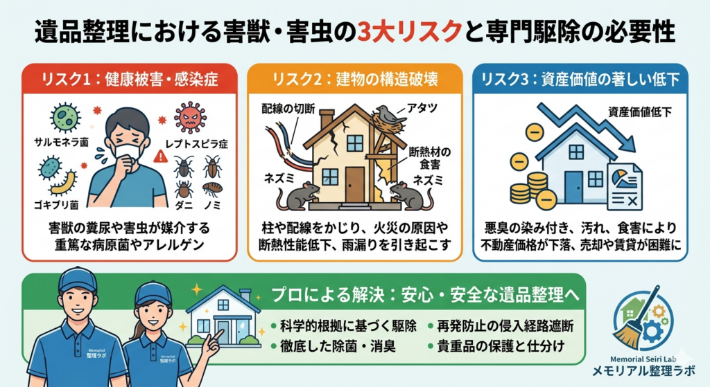 千葉県での遺品整理における害獣・害虫の3大リスク（健康被害・建物破壊・資産価値低下）と専門業者による解決策をまとめたインフォグラフィック。ネズミ、ハクビシン、ゴキブリなどの駆除と再発防止の重要性を解説。