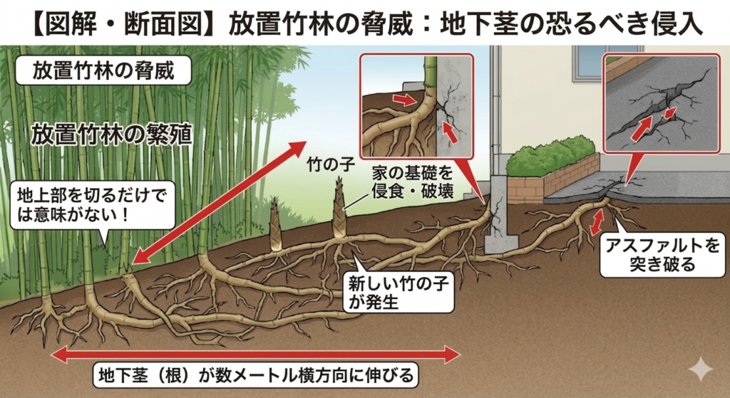 放置竹林の地下茎が家の基礎を侵食し、アスファルトを突き破る被害の断面図。地上部を刈るだけでは防げない竹の繁殖リスクと、地下茎対策の必要性を解説した図解。