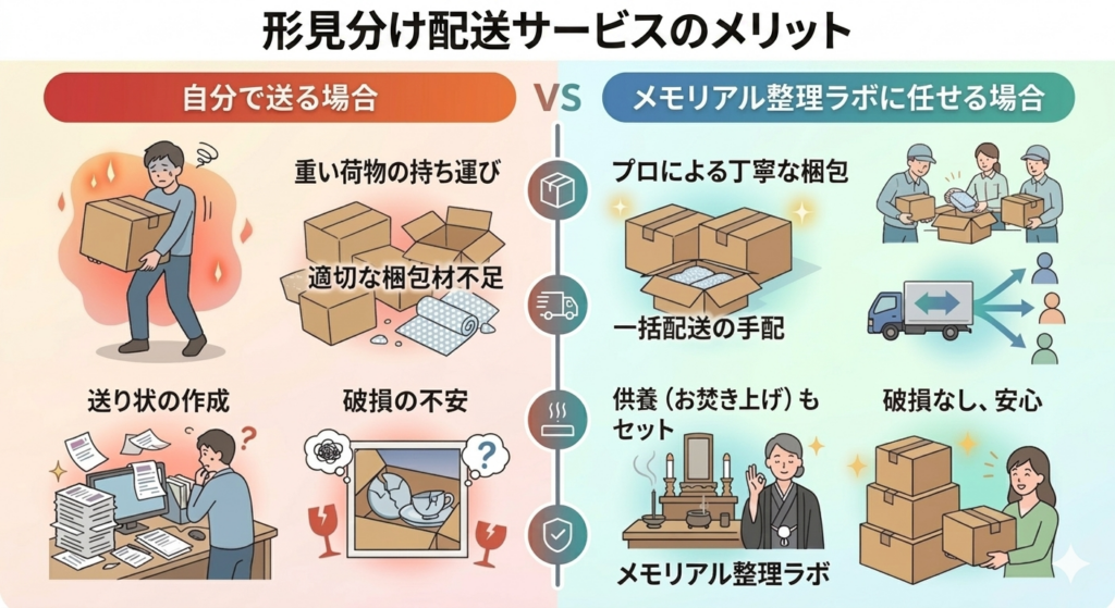 千葉県内での遺品整理・形見分け配送サービスの比較インフォグラフィック。「自分で送る場合」の苦労（重い荷物、梱包材不足、送り状作成の手間、破損の不安）と、「メモリアル整理ラボに任せる場合」の安心（プロの丁寧な梱包、一括配送手配、供養セット、破損なしの安心）が対比されている。 