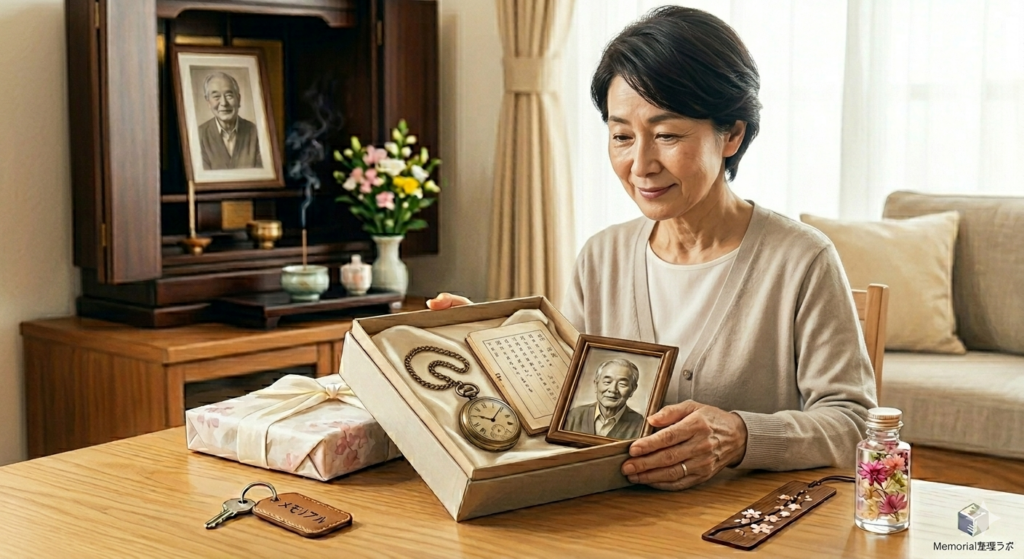  形見分け配送サービスで届いた思い出の品を受け取り、笑顔で故人を偲ぶ親族の様子。箱の中には丁寧に梱包された品物と共に、手書きのメッセージカードと故人の遺影写真が添えられており、単なる配送を超えた「想いの伝達」を表現している。