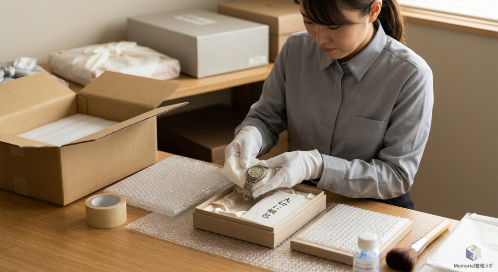  遺品整理のプロによる形見分け品の梱包技術解説図。着物の「たとう紙＋防水フィルム＋専用BOX」、陶器の「緩衝材＋二重梱包」、仏壇の「表面保護＋内部固定」といった、品目に合わせた多層的な保護レイヤーを断面図で示している。