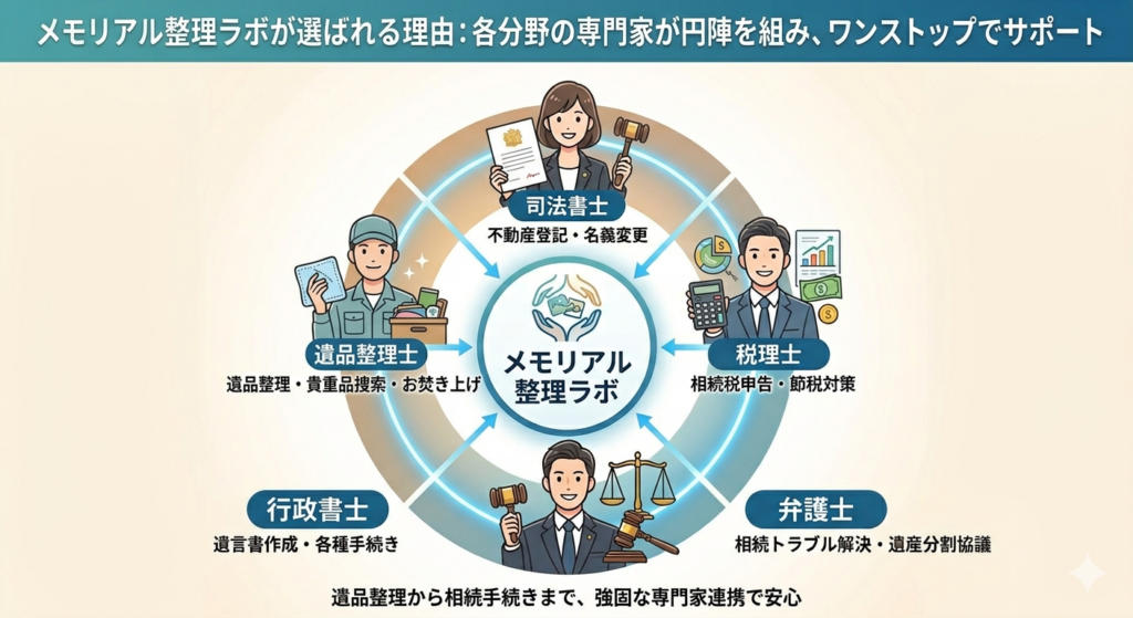 千葉県での相続相談において、メモリアル整理ラボを中心に司法書士、税理士、弁護士、行政書士が円陣を組んで連携するサポート体制図。遺品整理から相続税申告、不動産名義変更までワンストップで解決できる仕組みを解説。