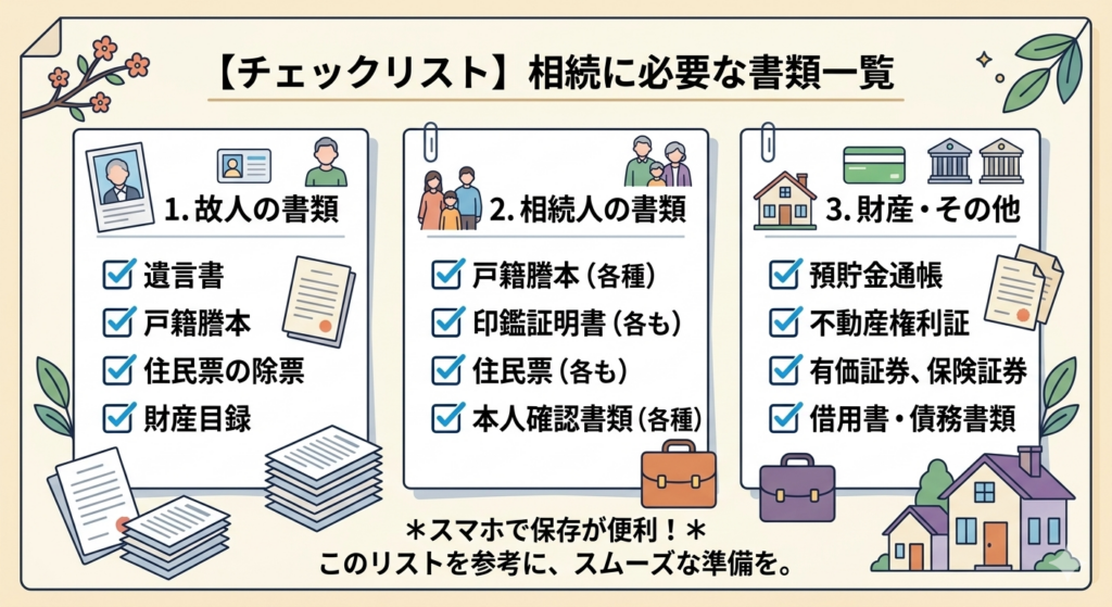 千葉県での遺品整理・相続手続きに必要な書類チェックリスト。故人の遺言書や戸籍謄本、相続人の印鑑証明書、預貯金通帳や不動産権利証など、整理前に準備すべき重要書類をカテゴリー別に一覧化。スマホ保存推奨。
