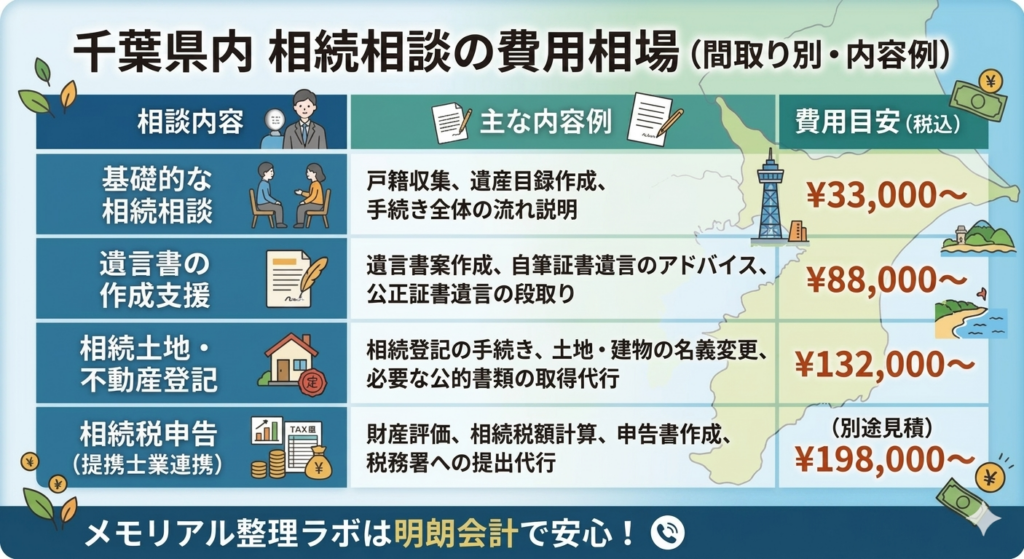 千葉県内の相続相談の費用相場表。基礎的な相続相談33,000円～遺言書の製作支援88,000円～相続土地・不動産登記132,000円～相続税申告198,000円～料金目安を視覚的に解説。