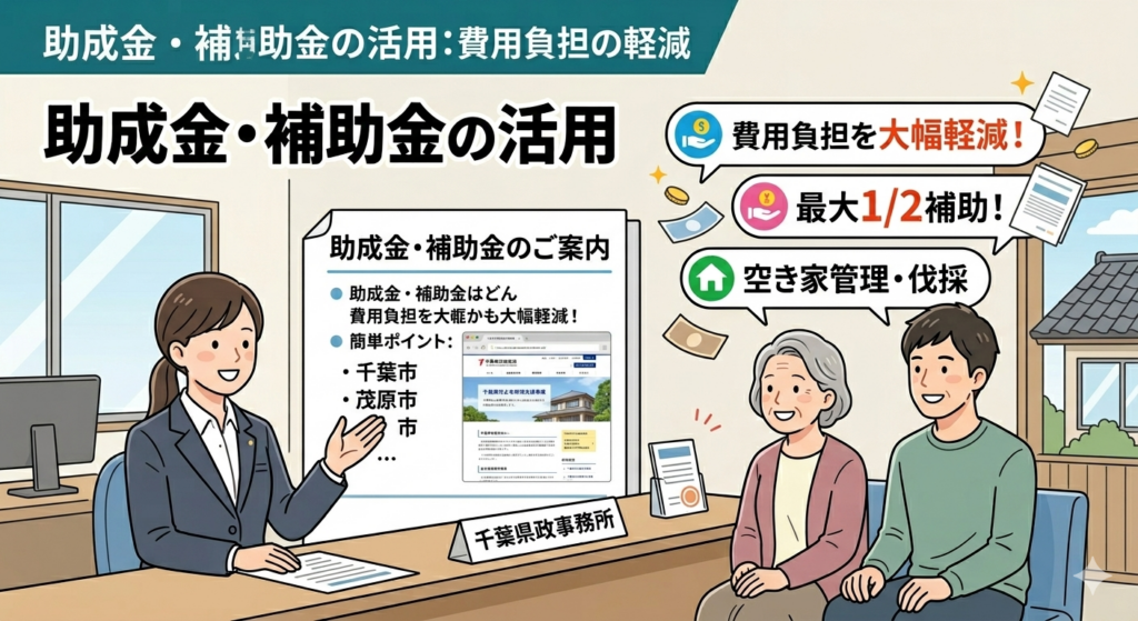 千葉県内の自治体（千葉市、茂原市など）で利用できる空き家管理や庭木伐採の助成金・補助金相談のイメージ図。最大2分の1の費用補助など、負担軽減のポイントを解説した図解。