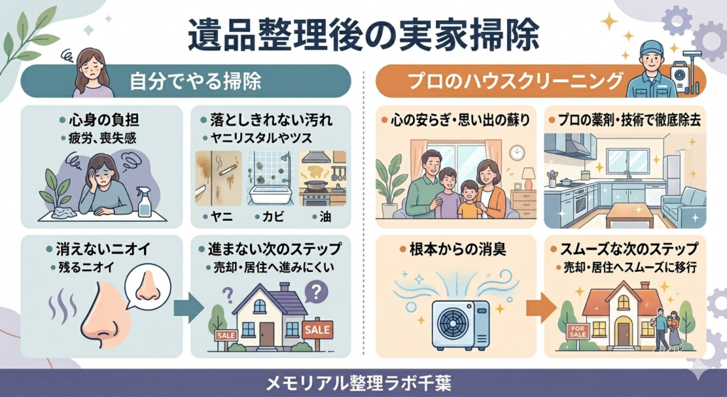 自分でやる掃除」と「プロのハウスクリーニング」の比較図。左側の「自分」は心身の負担や落としきれない汚れ、消えないニオイで次のステップへ進みにくい様子。右側の「プロ」は心の安らぎや彻底的な汚れ除去、根本からの消臭により次のステップへスムーズに移行できるメリットを解説。下部に「メモリアル整理ラボ千葉」のロゴ。