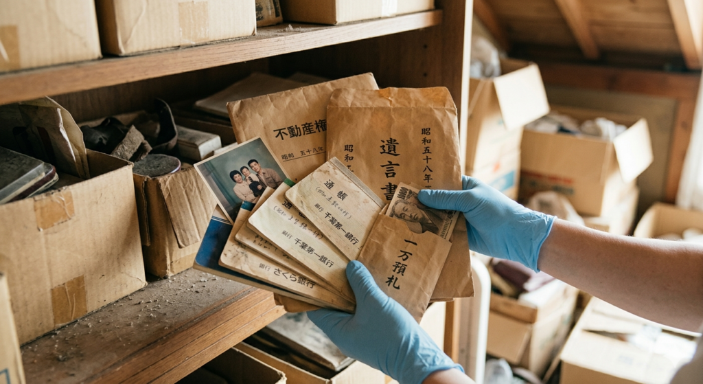 千葉県内の遺品整理現場の棚から発見された不動産権利証、遺言書、通帳、タンス預金のイメージ写真。専門スタッフが適切な仕分けを行い、相続に必要な重要書類を確実に捜索・保全している様子。 