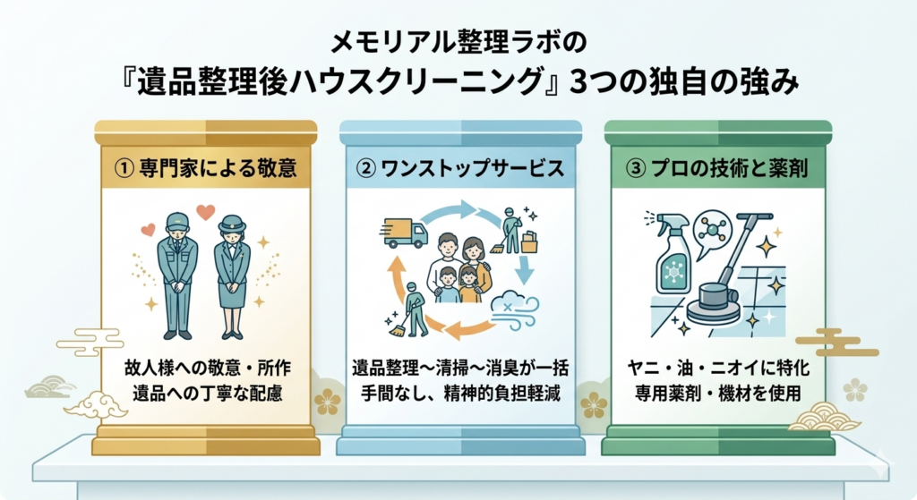 メモリアル整理ラボ千葉の遺品整理後ハウスクリーニング独自の強みを表す図解イラスト。①専門家による敬意・遺品への丁寧な配慮、②遺品整理〜清掃〜消臭が一括のワンストップサービス、③ヤニ・油・ニオイに特化したプロの技術と薬剤、の3本柱で構成。