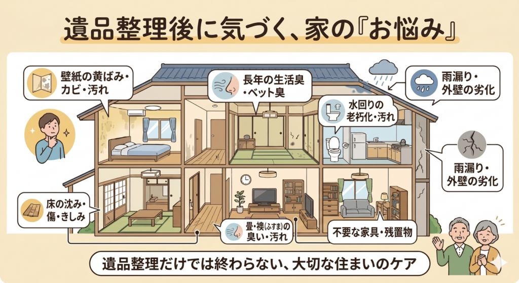 遺品整理後に気づく、古い家の悩み（壁紙の黄ばみ・カビ、床の傷み、臭い、水回りの老朽化）を家の断面図でマッピングした解説イラスト。メモリアル整理ラボ。
