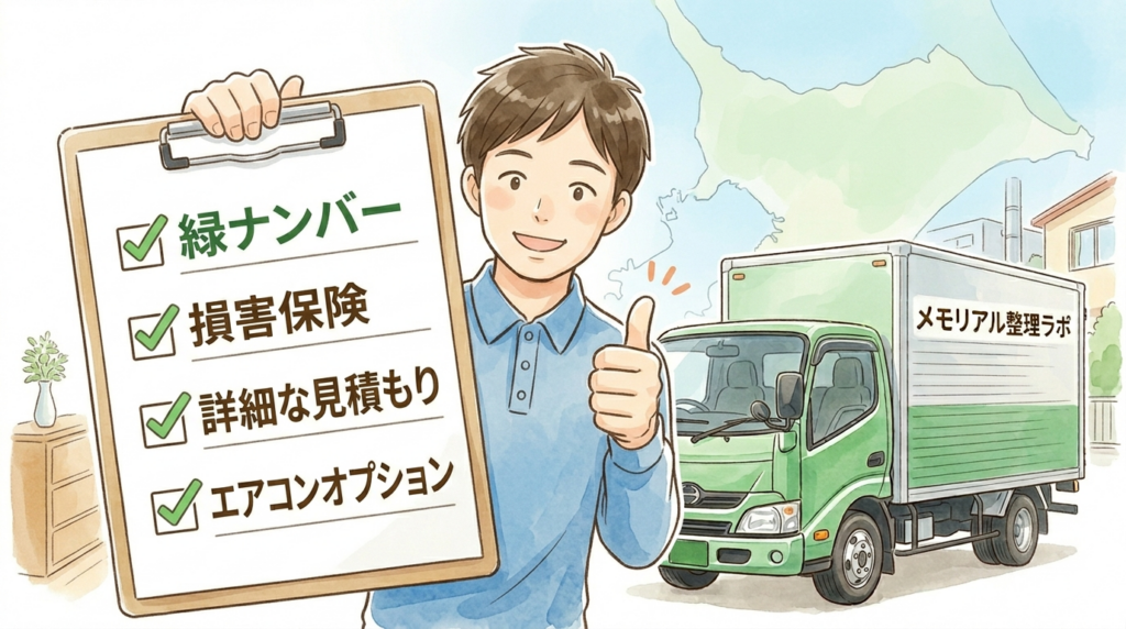 制服を着た笑顔の男性スタッフが、チェックリストが書かれたクリップボードを掲げながら、サムズアップ（親指を立てる）をしているイラスト。
クリップボードには「✔ 緑ナンバー」「✔ 損害保険」「✔ 詳細な見積もり」「✔ エアコンオプション」という4つのチェック項目が書かれている。
男性スタッフの後ろには緑色のトラックが停車しており、その側面には「メモリアル整理ラボ」の文字がある。トラックの後方には千葉県の地図と、一軒家のイラスト、そして観葉植物が置かれた部屋の一部が描かれている。
全体的に優しく、信頼感を与える手描き風の水彩画スタイル。