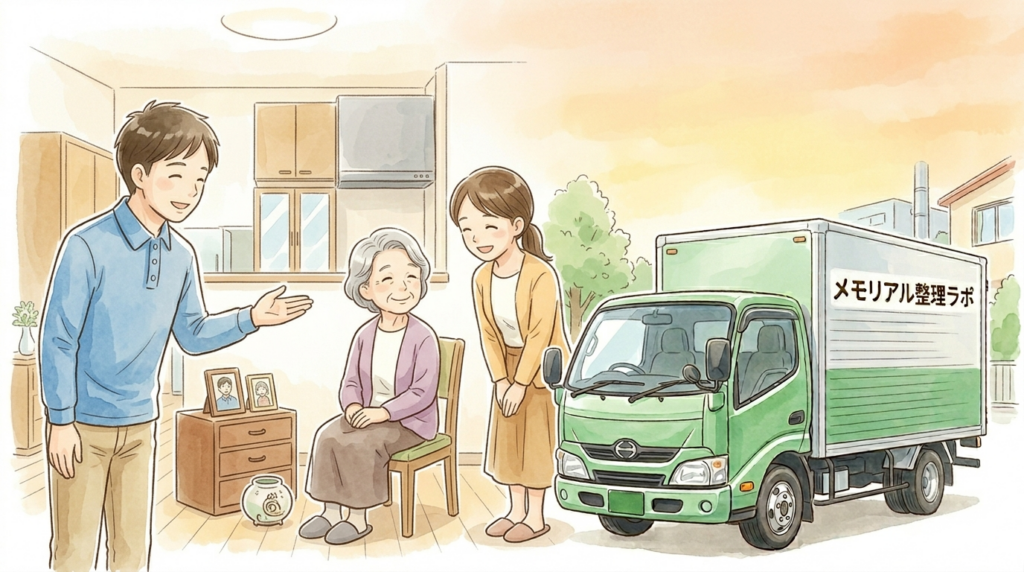 遺品整理と引っ越しサービスが完了し、笑顔で話す家族とスタッフのイラスト。
左側には青いシャツを着た男性スタッフが、整理が終わり、思い出の品（写真立て、壷）が並べられたチェストを指差している。 中央には、椅子に座った高齢女性が穏やかな笑顔を浮かべ、隣に立つ女性スタッフが優しく寄り添っている。 チェストの上には故人の写真が飾られ、チェストの前には壷が置かれている。
右側には、緑色の引っ越しトラックが停車しており、その荷台の側面には「メモリアル整理ラボ」の文字がある。 背景は温かみのある水彩画風で、整理整頓された明るい部屋と、トラックが停まった穏やかな夕暮れの様子が描かれている。
全体的に優しく、安堵感と感謝を伝える手描き風の水彩画スタイル。
