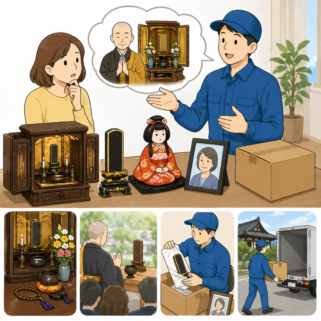 遺品整理での供養・魂抜きの流れをイラストで図解。不安を抱える女性が業者（メモリアル整理ラボ）に見積もり・相談する様子。神棚、人形、仏壇、遺影の整理と魂抜きの仕組み（僧侶による供養）が示される。下の4つのパネルで「1. 仏壇・神棚の供養準備」、「2. 僧侶による供養儀式（魂抜き）」、「3. 業者の梱包・搬出」、「4. トラックでの搬送」という工程をわかりやすく説明。千葉県全域に対応。メモリアル整理ラボ提供。