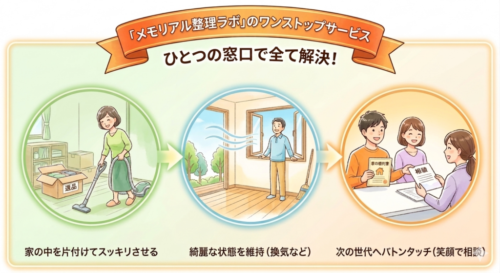 「家の中を片付けてスッキリさせる」「綺麗な状態を維持（換気など）」「次の世代へバトンタッチ（笑顔で相談）」という3つのステップで、遺品整理から売却・解体までを一つの窓口で解決するワンストップサービスの図解イラスト