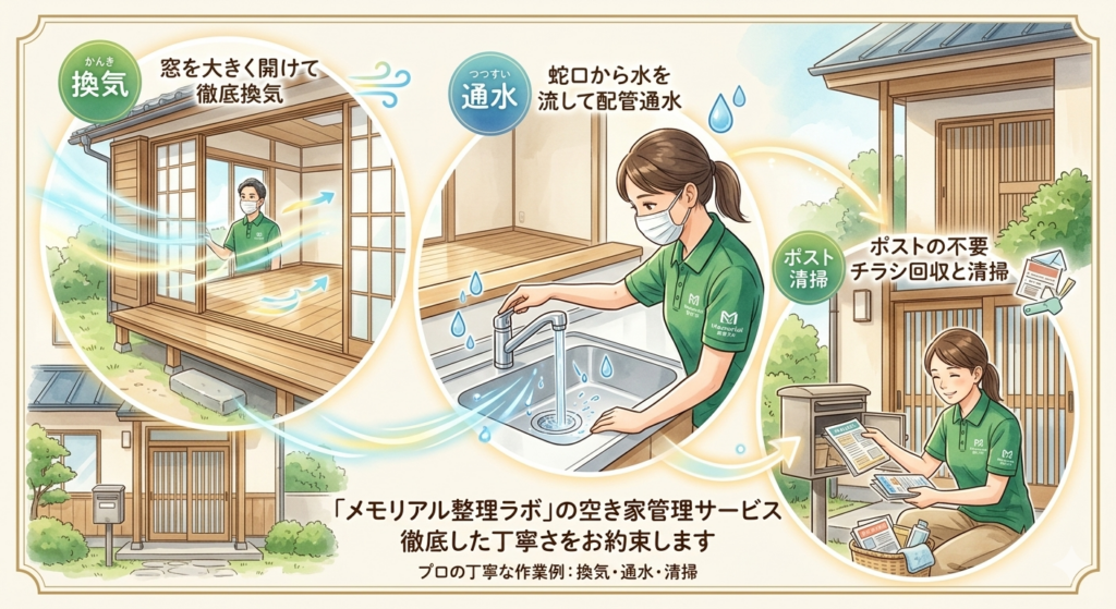 メモリアル整理ラボのスタッフが空き家管理サービスとして、窓を開けた徹底換気、キッチンの蛇口からの通水作業、ポストの不要チラシ回収と清掃を丁寧に行っている図解イラスト