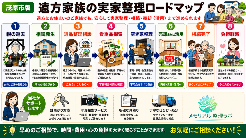 茂原市の遺品整理で遠方家族が実家整理・相続・空き家整理・売却前整理を進める手順をまとめたロードマップ