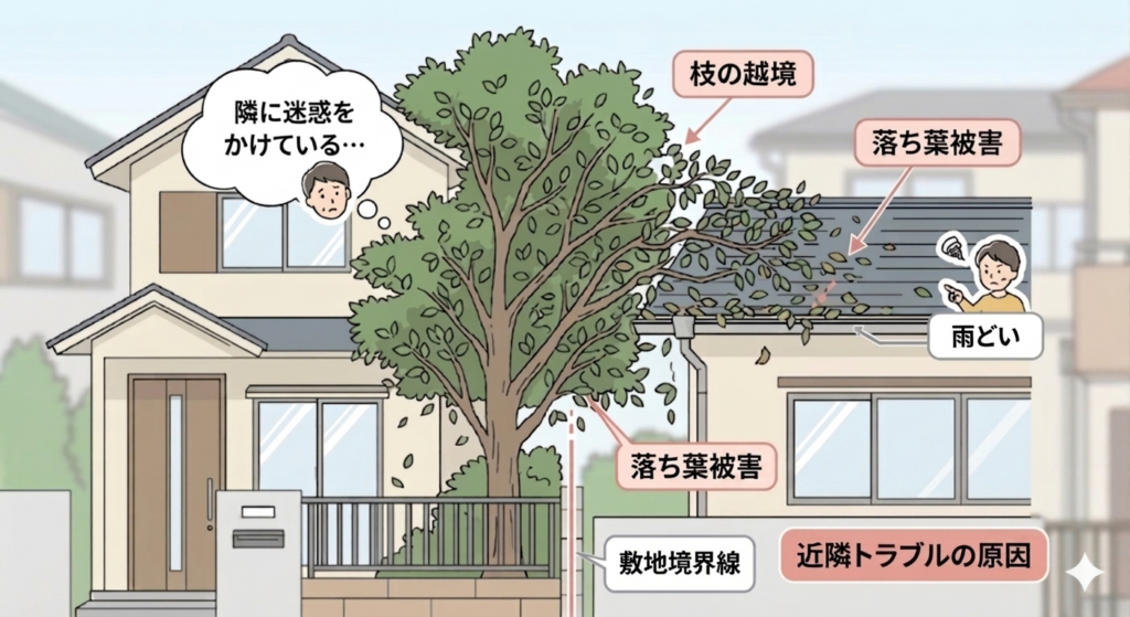 千葉県での遺品整理時に注意すべき庭木の越境トラブル図解。隣家の屋根や雨どいに枝が伸び、落ち葉被害が発生している様子。