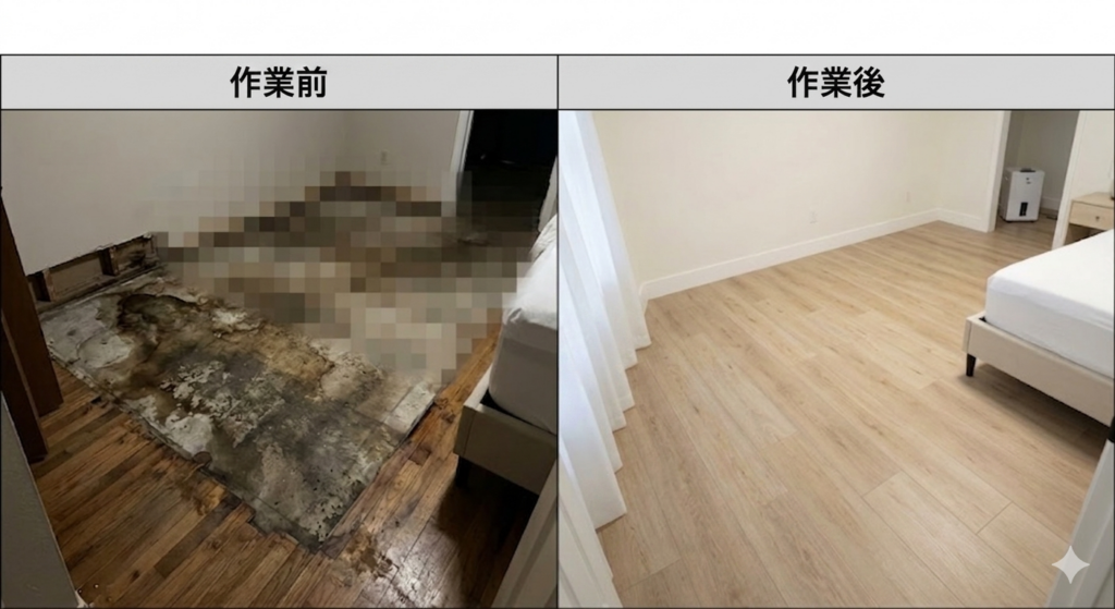 特殊清掃の施工事例：孤独死により激しく汚染された床（作業前・モザイク処理済）が、徹底的な除菌・脱臭と床材の張替えリフォームによって、新築のように清潔な寝室へ原状回復された比較写真。