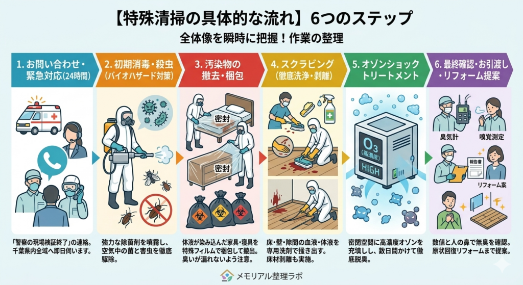千葉の特殊清掃プロによる6つの作業ステップ図：1.24時間即日対応の緊急お問い合わせ、2.除菌剤による初期消毒・殺虫、3.汚染物の特定・特殊梱包、4.専用洗剤を用いた徹底洗浄（スクラビング）、5.高濃度オゾンによる脱臭、6.臭気計測器を用いた最終確認とリフォーム提案の流れ。