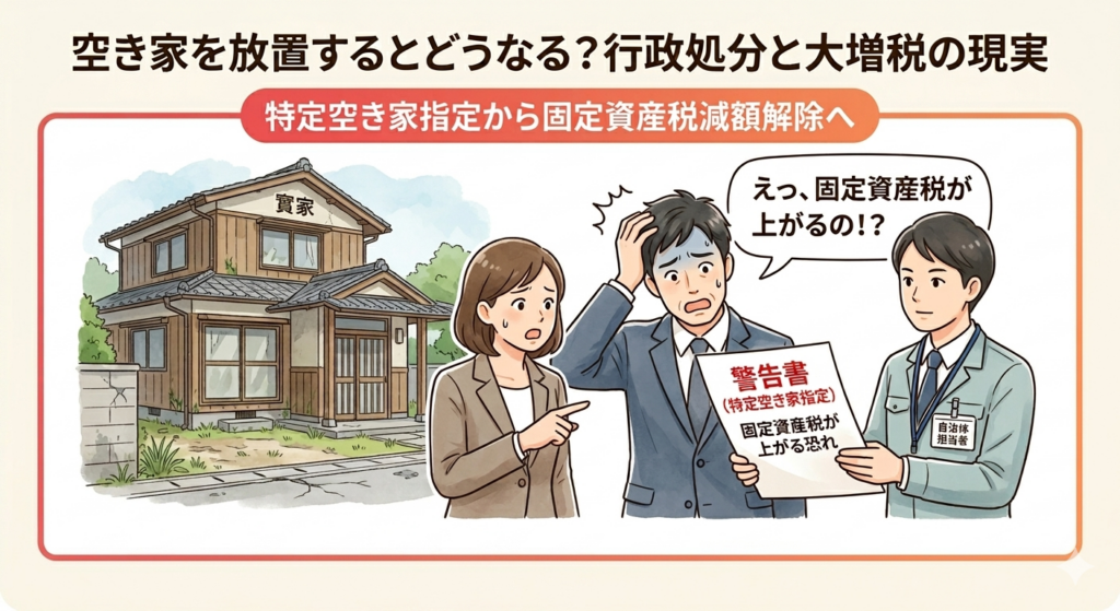 放置された古い実家を背景に、自治体担当者から特定空き家指定の警告書を受け取り、固定資産税の増税リスクにショックを受ける相続人夫婦のイラスト