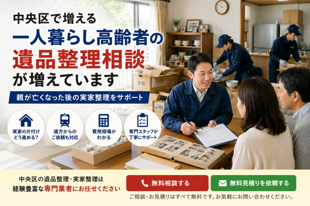 中央区で親が亡くなった後の実家整理を進める家族