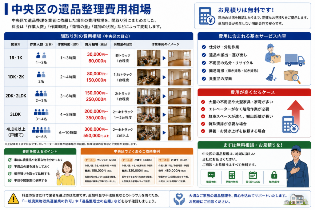 中央区の遺品整理費用相場一覧