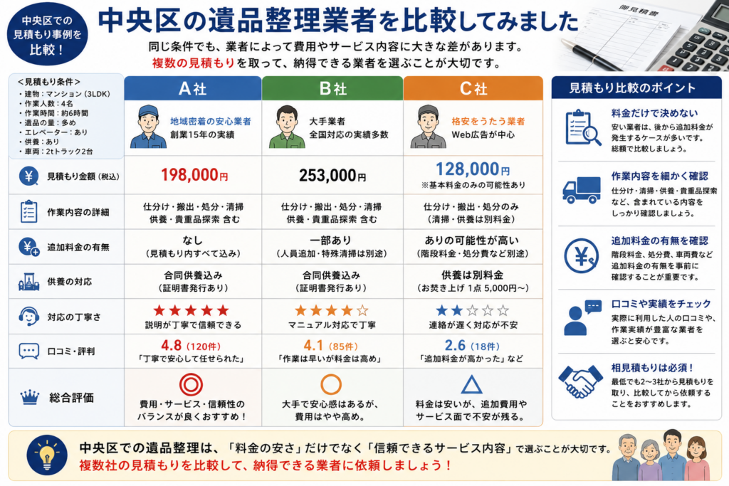 中央区の遺品整理業者を比較するイメージ