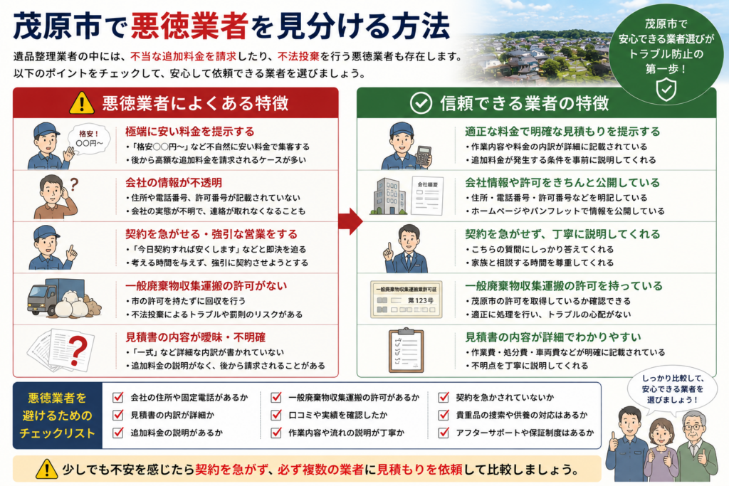 悪徳業者と優良な遺品整理業者の違いを比較した図