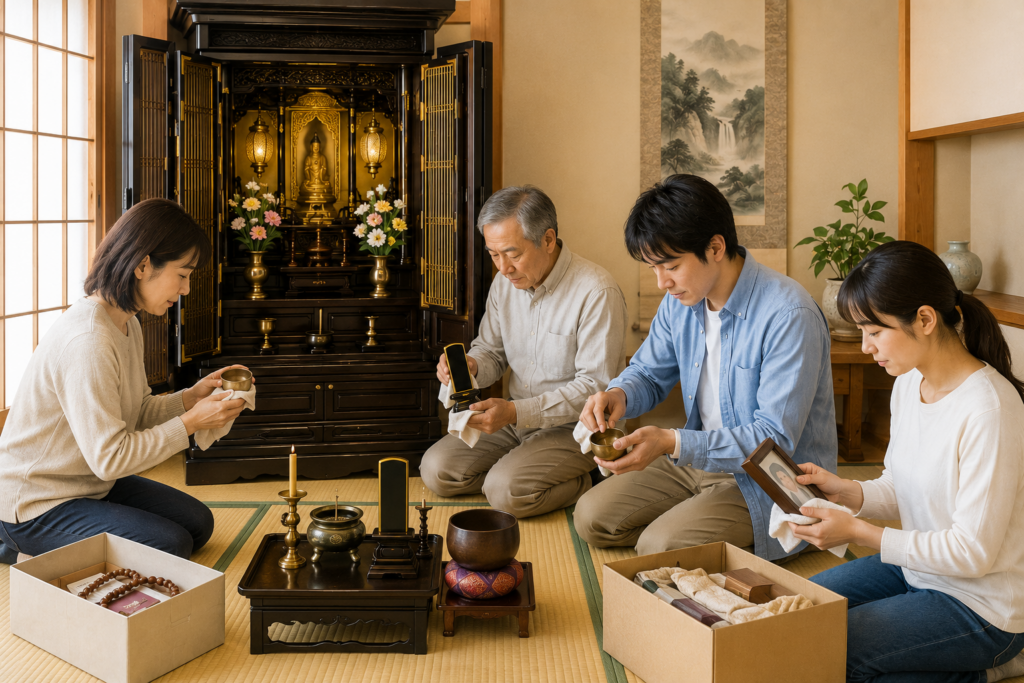 仏壇の中を整理する家族の様子