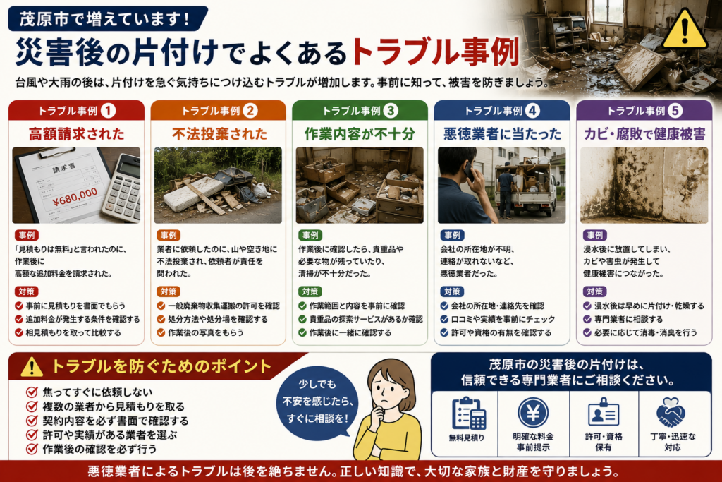 災害後の片付けで起こる高額請求やカビ被害のイメージ