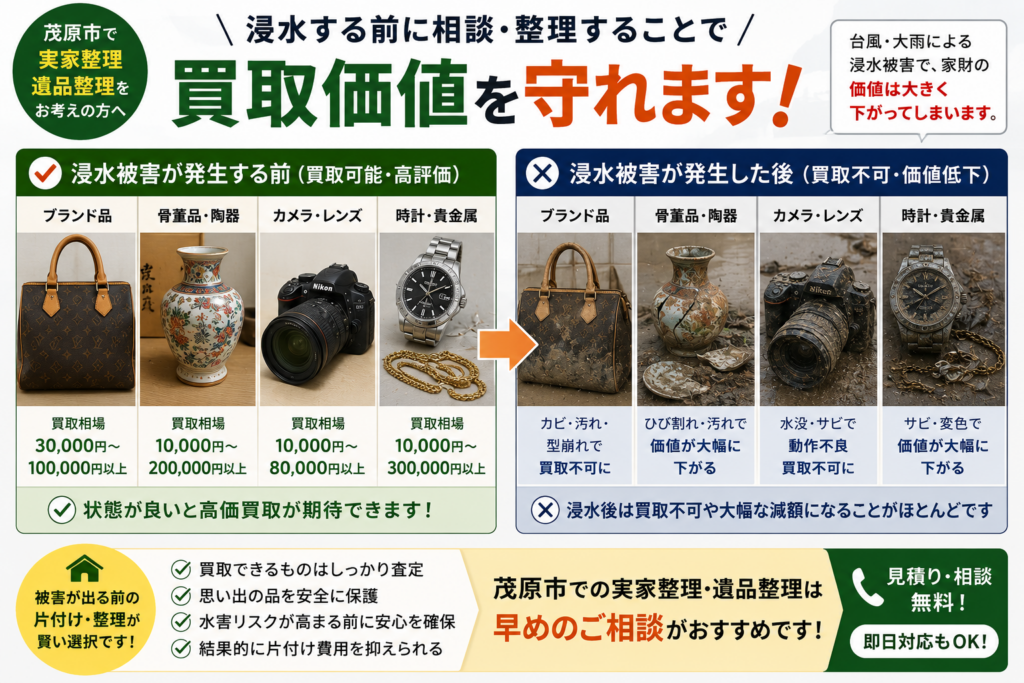 浸水前後で買取価値が変わる骨董品やブランド品などの家財比較