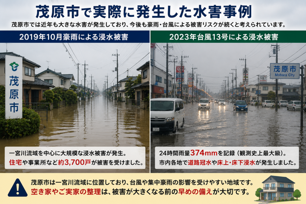 茂原市で発生した2019年豪雨と2023年台風13号による浸水被害のイメージ