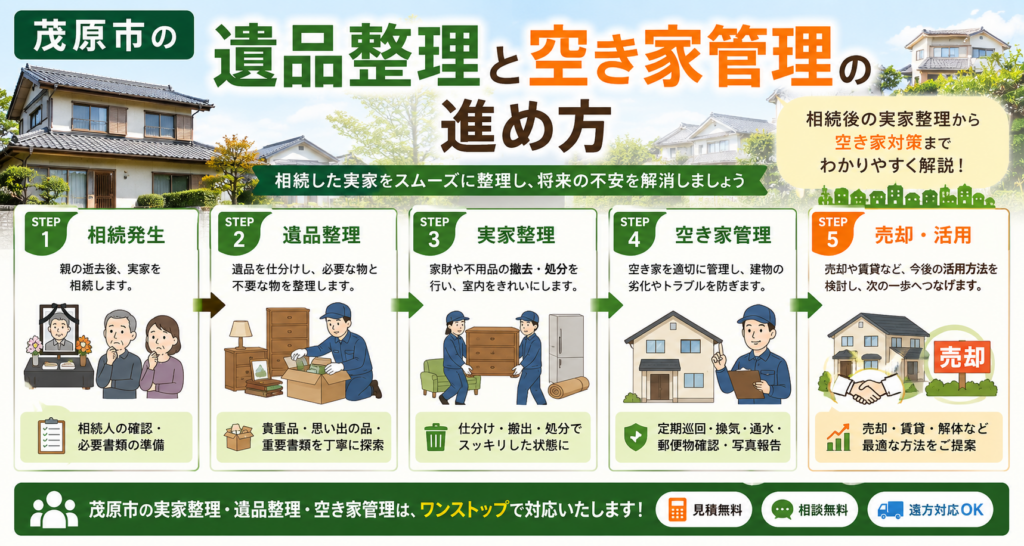 タイトル画像。実家・相続・空き家管理・遺品整理の流れを1枚で表す図解
