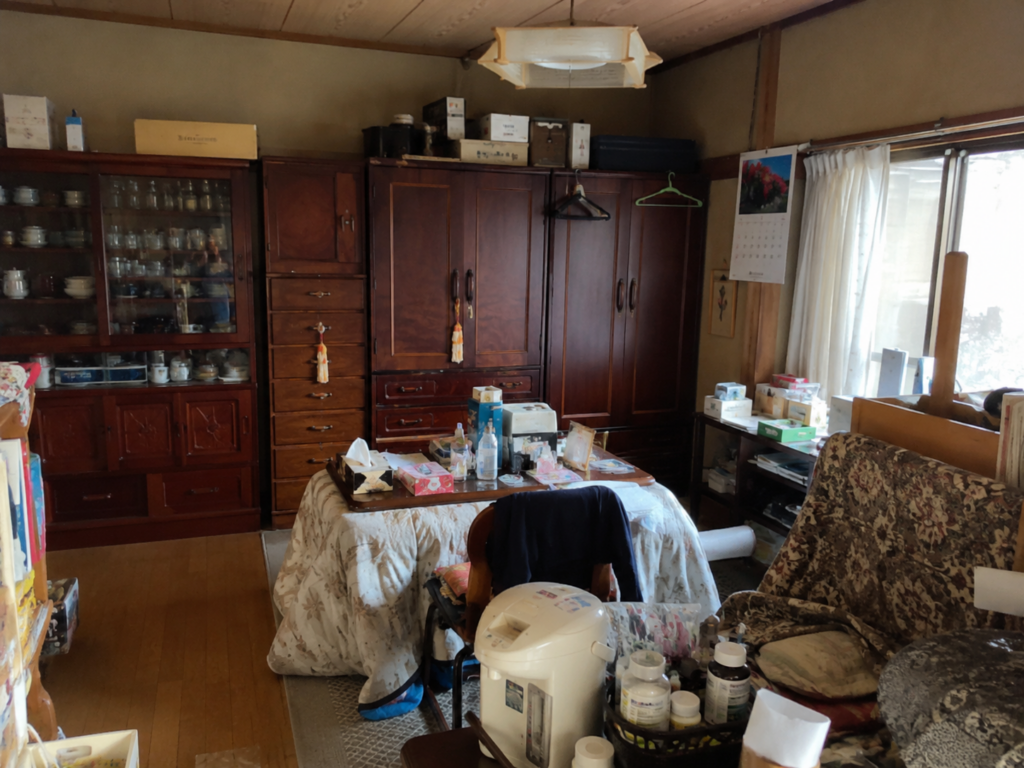 茂原市の一戸建て遺品整理前のリビング　婚礼家具や大型収納が残る室内