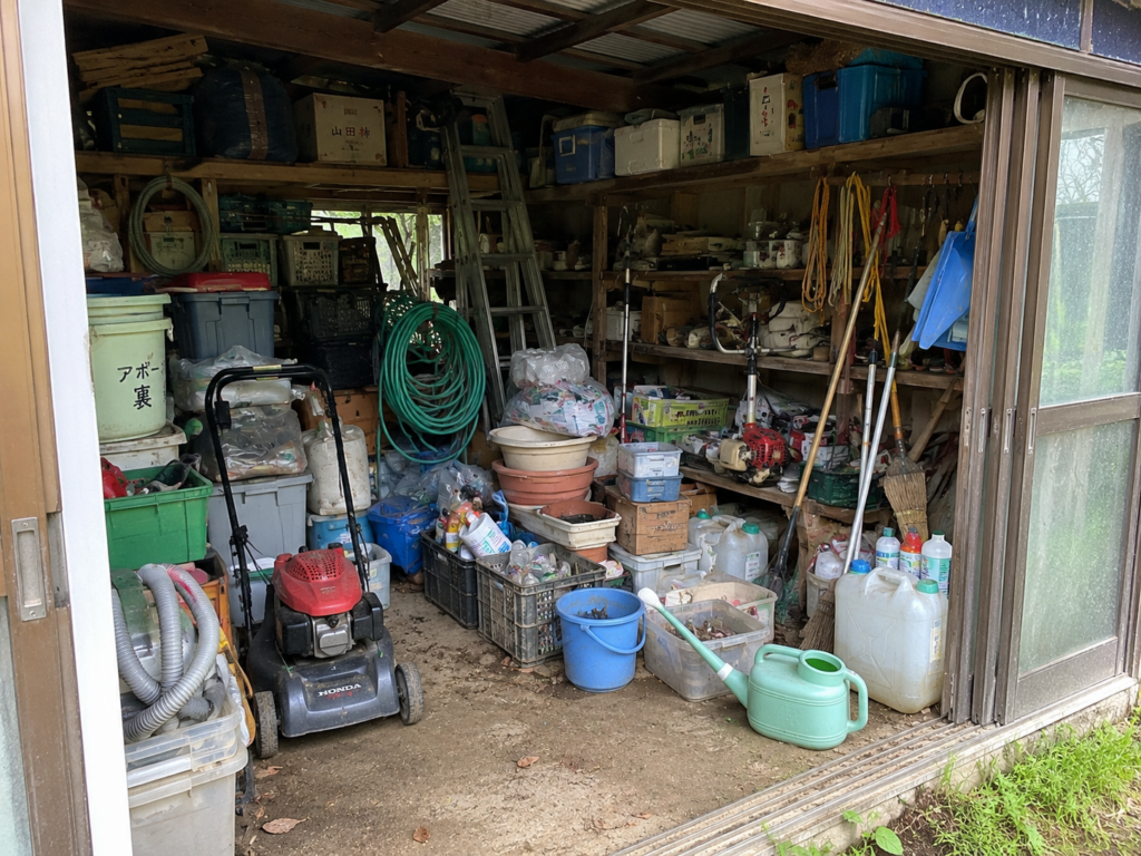 茂原市の物置遺品整理前　農機具や工具が残る状態
