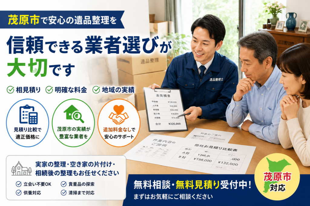 茂原市で遺品整理業者を比較検討する家族のイメージ