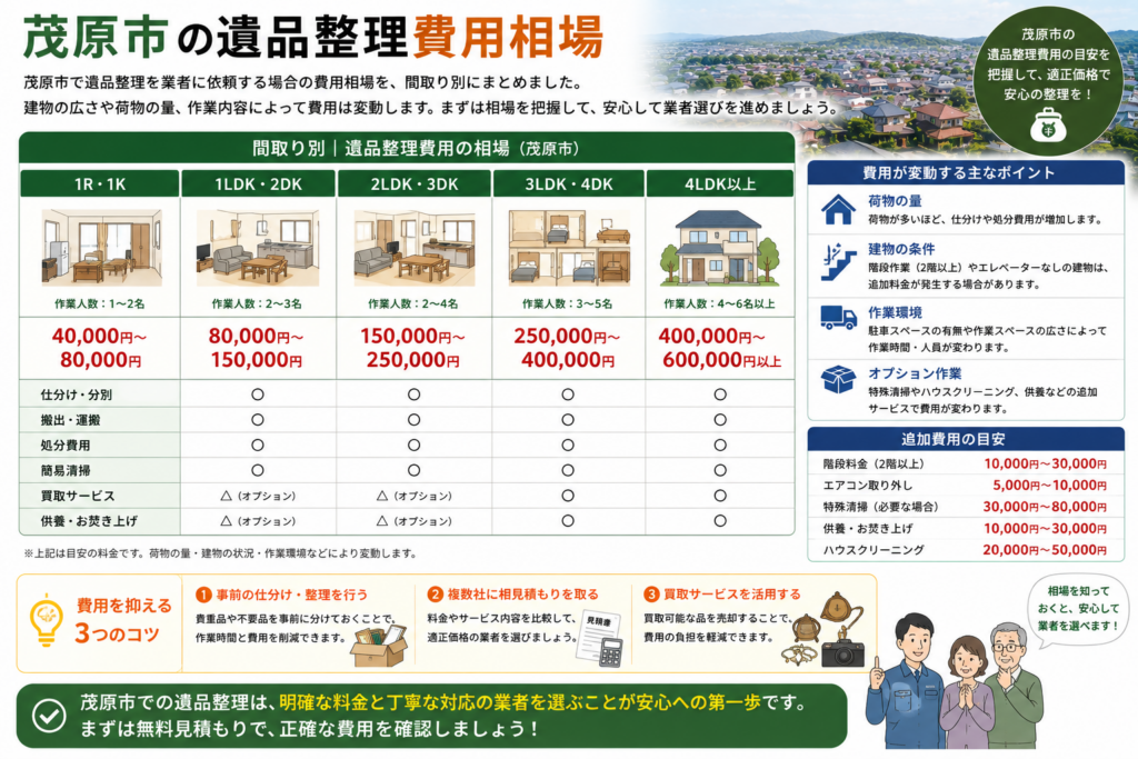 茂原市の遺品整理費用相場を間取り別にまとめた図