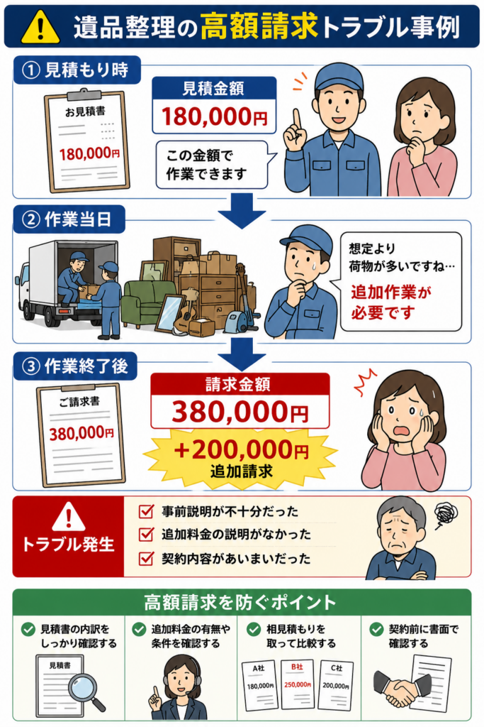 悪徳業者のイメージ
見積もり時180,000円と提出して作業当日に荷物が多いといい請求額が380,000円となるトラブルの画像